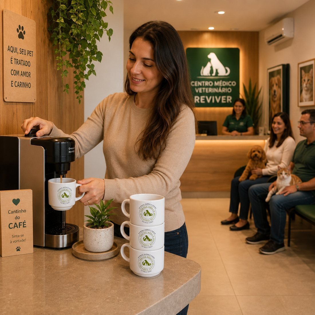 Recepcionista servindo café em xícara personalizada na recepção de um espaço de atendimento