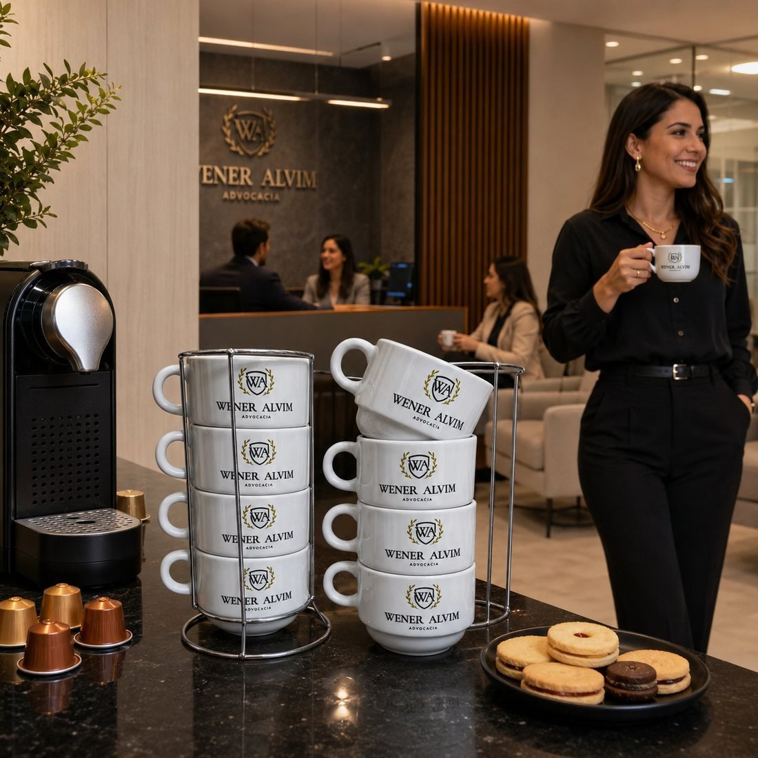 Kit Conquista com quatro xícaras personalizadas organizadas em suporte de metal